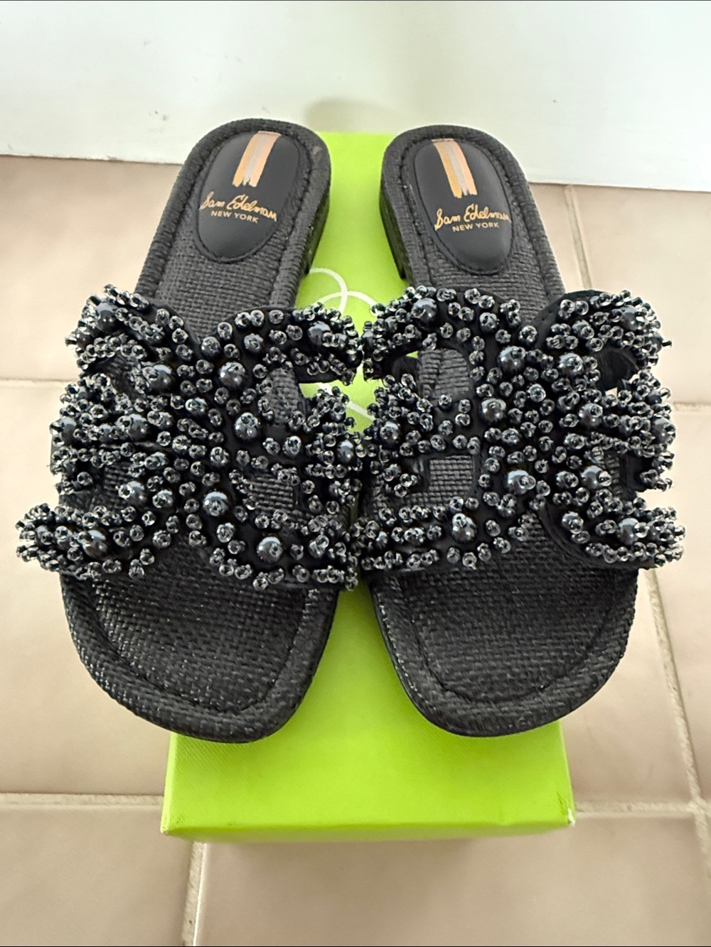 Sam Edelman Black Beaded Crossover Slide Mules